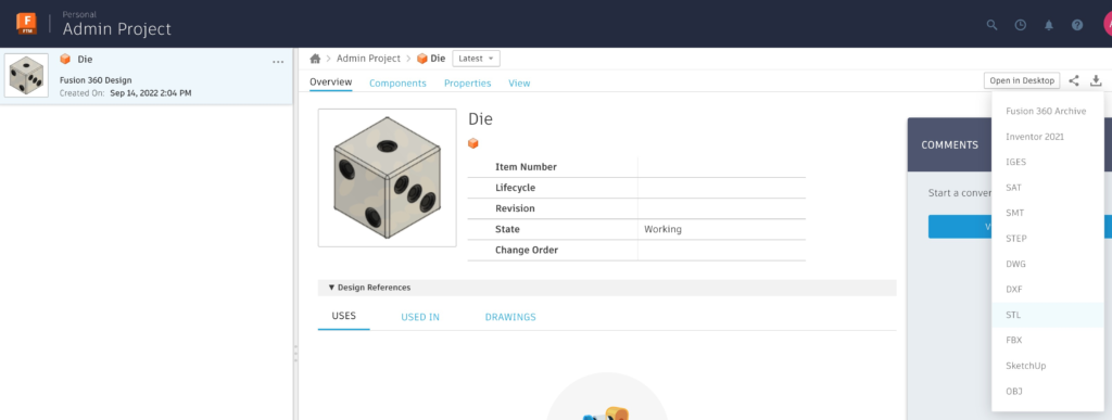 Fusion 360 export screen