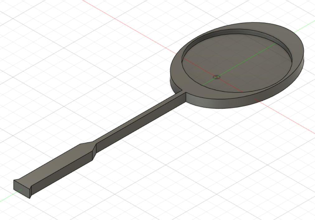 Side view of the model which has the contour of a badminton racket and the hollow as a pan