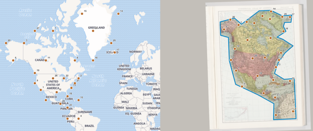 a 1924 North America map and a digital Mercator projection map of the world with corresponding points on the same latitude and longitude