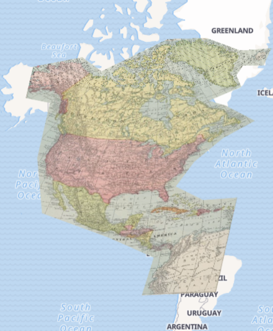 a 1924 North America map on a digital Mercator projection map of the world