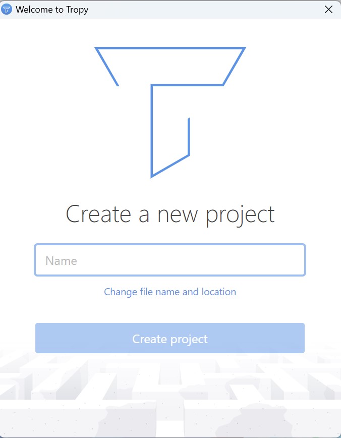 The window that pops up upon running Tropy for the first time, which has a text box for naming and creating a new project.